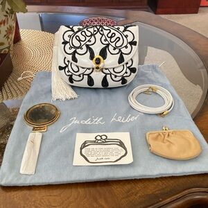 Pre-Loved Authentic Judith Leiber White Karung/Black Embroidery Handbag